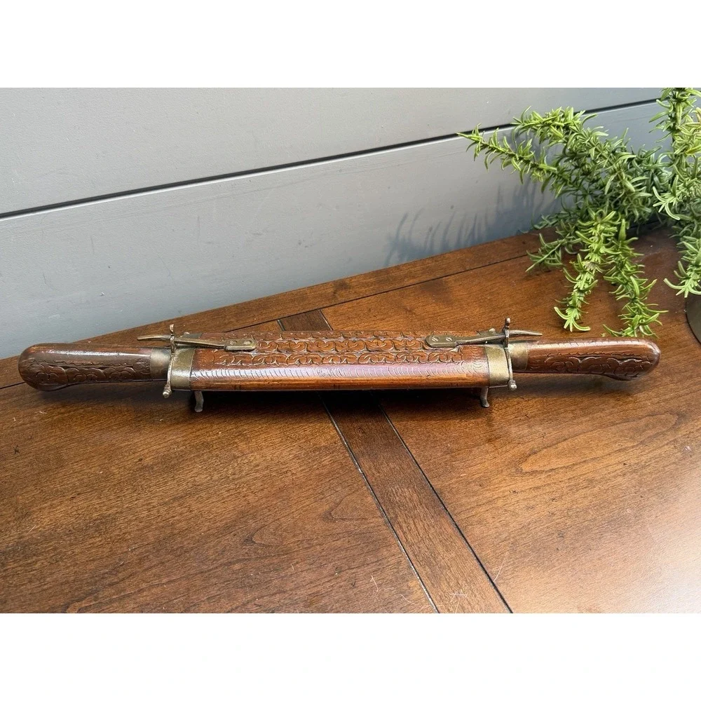 Vtg East India Knife & Fork Carving Set Brass Accents Carved Wood Handles